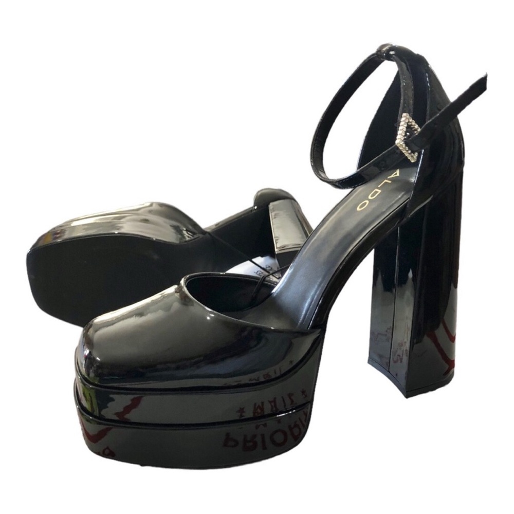 ALDO BLACK DOUBLE PLATFORM RHINESTONE ANKLE STRAP HEELS